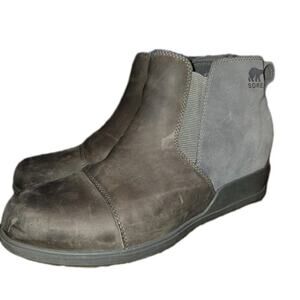 Sorel Evie Tan Wedge Pull-On Bootie Waterproof Leather Ankle Boots Size10